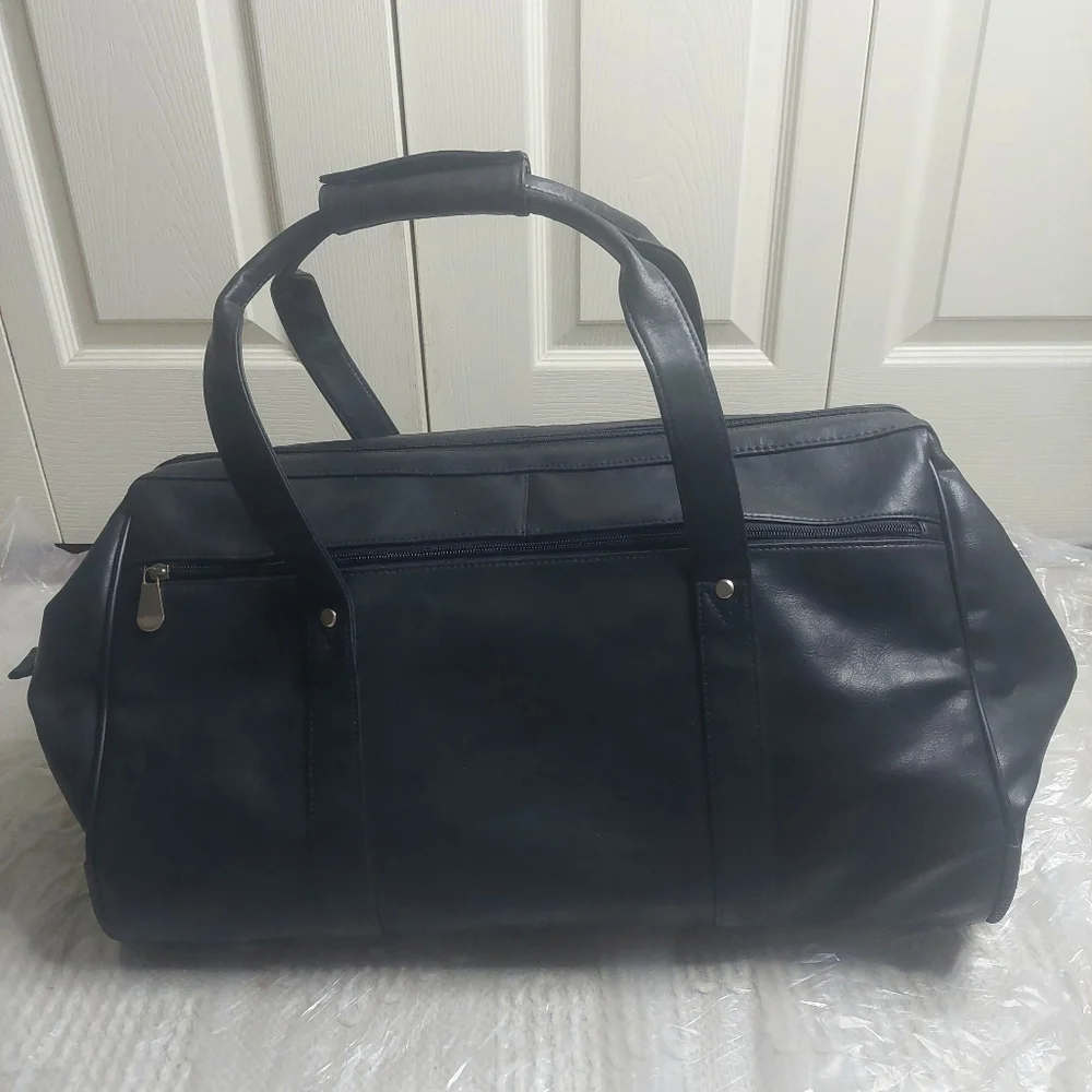 Leather Black Duffel Carry On With Wheels! Travel Bag!